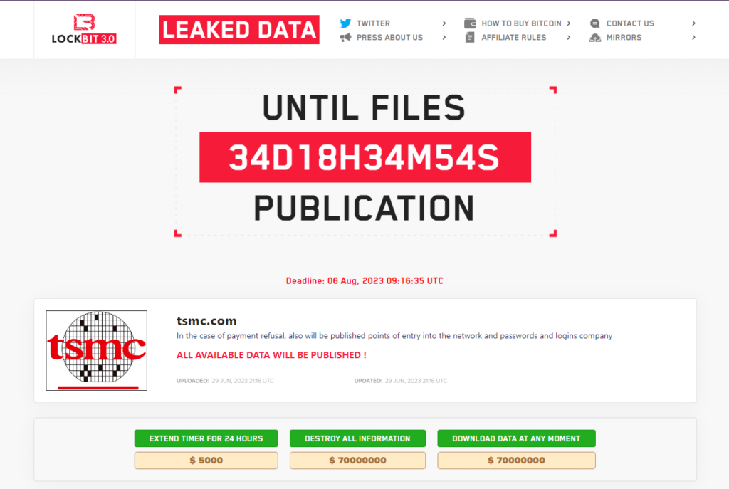 TSMC ransom demand on the LockBit site